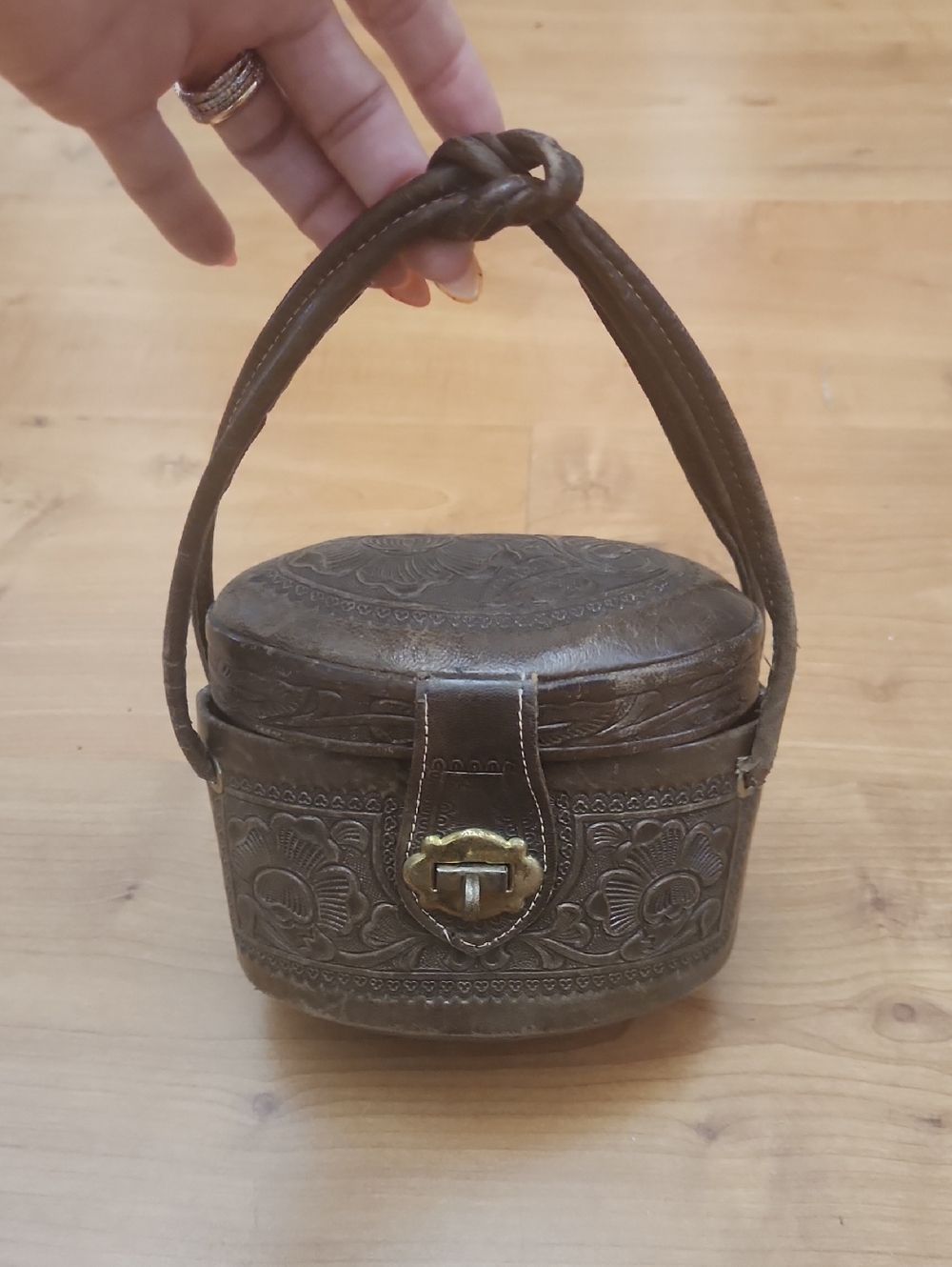 Vintage Brown Embossed Mini Top-Handle Bag